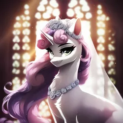 Size: 1024x1024 | Tagged: safe, ai content, ponerpics import, ponybooru import, prompter:maresforever, sweetie belle, pony, adult, adult foal, church, clothes, dress, female, image, jewelry, looking at you, mare, necklace, png, smiling, smiling at you, solo, solo female, veil, wedding dress, wedding veil