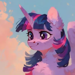 Size: 2048x2048 | Tagged: safe, ai content, derpibooru import, machine learning generated, prompter:krivovyaz, stable diffusion, twilight sparkle, twilight sparkle (alicorn), alicorn, pony, bust, chest fluff, cloud, ear fluff, g4, generator:pony diffusion v6 xl, generator:purplesmart.ai, image, png, portrait, sky, smiling, solo