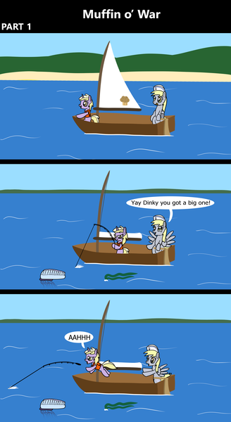 Size: 1920x3516 | Tagged: safe, artist:platinumdrop, derpibooru import, derpy hooves, dinky hooves, fish, jellyfish, pegasus, pony, unicorn, comic:muffin o' war, 3 panel comic, algae, boat, clothes, coast, comic, commission, danger, determined, duo, duo female, encouragement, fear, female, filly, fishing, fishing rod, foal, folded wings, food, g4, happy, hat, hoof hold, image, imminent abuse, lifejacket, mare, midair, mother and child, mother and daughter, muffin, ocean, open mouth, outdoors, png, pulling, reaching, sail, sailboat, sailing, scared, screaming, sitting, smiling, speech bubble, spread wings, struggling, surprised, this will not end well, tongue out, water, wings