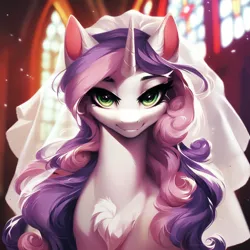 Size: 1024x1024 | Tagged: safe, ai content, ponerpics import, ponybooru import, prompter:maresforever, sweetie belle, pony, unicorn, adult, adult foal, church, female, image, looking at you, mare, older, older sweetie belle, png, smiling, smiling at you, unicorn horn, veil, wedding veil
