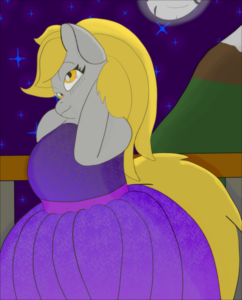 Size: 4000x4960 | Tagged: safe, artist:acid flask, derpibooru import, derpy hooves, anthro, pony, 2d, absurd resolution, big breasts, blushing, breasts, clothes, date, digital art, dress, female, gimp, glow, image, long hair, looking at you, looking up, looking up at you, mare, moon, mountain, night, png, railing, shading, shy, smiling, smiling at you, stars, stupid sexy derpy, tail, thighs, thunder thighs, wide hips