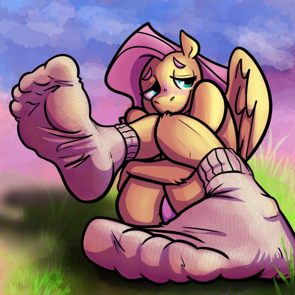 Size: 2400x2400 | Tagged: questionable, artist:companioncube, derpibooru import, fluttershy, anthro, pegasus, plantigrade anthro, clothes, dirty socks, feet, fetish, foot fetish, image, png, socks, solo