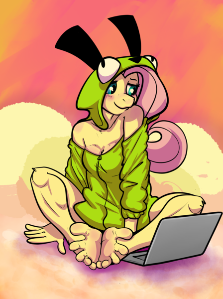 Size: 3000x4014 | Tagged: questionable, artist:companioncube, derpibooru import, fluttershy, anthro, antonymph, feet, female, fetish, fluttgirshy, foot fetish, gir, image, invader zim, png, solo, solo female, vylet pony