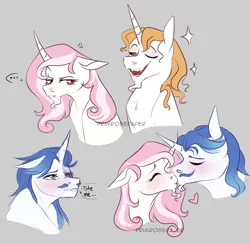 Size: 1280x1248 | Tagged: safe, artist:primrosepaper, derpibooru import, fancypants, fleur-de-lis, prince blueblood, pony, undead, unicorn, vampire, vampony, ..., alternate universe, blushing, bust, facial hair, fangs, female, floppy ears, goatee, gray background, image, kiss on the lips, kissing, male, mare, png, ship:fancyfleur, shipping, simple background, sparkles, stallion, straight