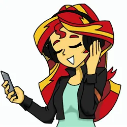 Size: 2000x2000 | Tagged: safe, artist:l3unyowo, derpibooru import, sunset shimmer, human, equestria girls, bust, clothes, eyes closed, female, g4, headphones, image, jacket, jpeg, listening to music, mobile phone, open mouth, open smile, phone, shirt, simple background, smartphone, smiling, solo, white background