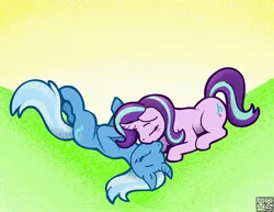 Size: 2888x2231 | Tagged: safe, artist:nx-42, derpibooru import, starlight glimmer, trixie, pony, unicorn, curved horn, eyes closed, female, g4, horn, image, jpeg, kiss on the lips, kissing, lesbian, lying down, mare, on back, prone, shipping, signature, startrix