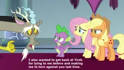 Size: 1000x563 | Tagged: safe, derpibooru import, edit, edited screencap, editor:incredibubbleirishguy, screencap, applejack, discord, fluttershy, lord tirek, spike, draconequus, dragon, earth pony, pegasus, pony, the ending of the end, alternate scenario, female, image, male, mare, png, quote, reference used, text, winged spike, wings