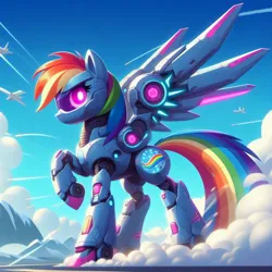 Size: 1024x1024 | Tagged: safe, ai content, derpibooru import, machine learning generated, rainbow dash, pony, robot, robot pony, generator:dall-e 3, image, jet, jpeg, looking at you