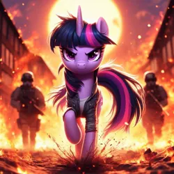 Size: 1024x1024 | Tagged: safe, ai content, derpibooru import, machine learning generated, twilight sparkle, clothes, fire, image, jacket, jpeg, soldier, walking towards you