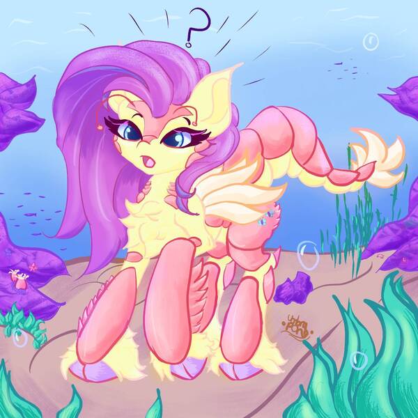 Size: 1500x1500 | Tagged: safe, artist:umbrapone, derpibooru import, fluttershy, hybrid, pegasus, pony, shrimp, starfish, algae, bubble, chest fluff, cloven hooves, coral, crepuscular rays, female, fins, fish tail, flowing mane, flowing tail, g4, image, jpeg, mare, ocean, question mark, sand, seaweed, signature, solo, species swap, sunlight, swimming, tail, underwater, water