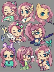Size: 2400x3200 | Tagged: safe, artist:suracao, derpibooru import, angel bunny, fluttershy, butterfly, human, insect, pegasus, pony, rabbit, equestria girls, ..., animal, archery, arrow, bow (weapon), bow and arrow, clothes, female, folk fluttershy, gray background, human coloration, image, jpeg, mare, simple background, solo focus, weapon, winter outfit
