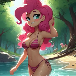 Size: 1024x1024 | Tagged: safe, ai content, derpibooru import, machine learning generated, pinkie pie, human, absolute cleavage, bedroom eyes, belly button, bikini, blushing, breasts, busty pinkie pie, cleavage, clothes, cute, diapinkes, forest, g4, generator:bing image creator, generator:dall-e 3, grin, hand on head, humanized, image, jpeg, lake, looking at you, nature, outdoors, partially submerged, pink bikini, sexy, side-tie bikini, smiling, smiling at you, solo, standing, standing in water, striped swimsuit, stupid sexy pinkie, swimsuit, tree, water, wet, wrong eye color