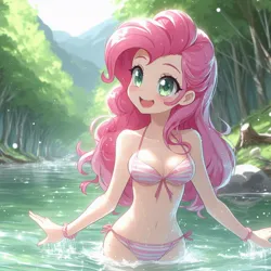 Size: 1024x1024 | Tagged: safe, ai content, derpibooru import, machine learning generated, pinkie pie, human, adorasexy, anime, belly button, bikini, blushing, bracelet, breasts, busty pinkie pie, cleavage, clothes, cute, diapinkes, forest, g4, generator:bing image creator, generator:dall-e 3, humanized, image, jewelry, jpeg, lake, nature, outdoors, partially submerged, pink bikini, sexy, side-tie bikini, smiling, solo, standing in water, striped swimsuit, stupid sexy pinkie, swimsuit, tree, water, wet, wrong eye color