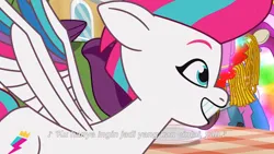 Size: 3072x1727 | Tagged: safe, derpibooru import, screencap, unnamed character, zipp storm, pegasus, pony, g5, my little pony: tell your tale, spoiler:g5, spoiler:my little pony: tell your tale, spoiler:tyts02e04, crystal brighthouse, female, flying, food, grin, image, jazz hearts rocky, jpeg, magic, male, mare, pasta, señor butterscotch, smiling, spaghetti, spread wings, stallion, telekinesis, trio, wings
