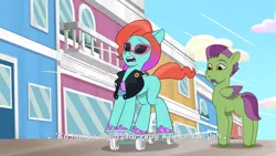 Size: 3072x1727 | Tagged: safe, derpibooru import, screencap, unnamed character, earth pony, pegasus, pony, g5, my little pony: tell your tale, spoiler:g5, spoiler:my little pony: tell your tale, spoiler:tyts02e04, duo, duo male and female, female, frown, image, jazz hearts rocky, jazz hooves, jpeg, male, mare, open mouth, skateboard, stallion, sunglasses