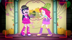 Size: 1280x720 | Tagged: safe, derpibooru import, screencap, pinkie pie, twilight sparkle, human, equestria girls, armpits, arms in the air, bowler hat, clothes, deerstalker, dress, duo, fake moustache, fall formal outfits, hat, image, magnifying glass, png, sleeveless, sleeveless dress, smiling, strapless, strapless dress