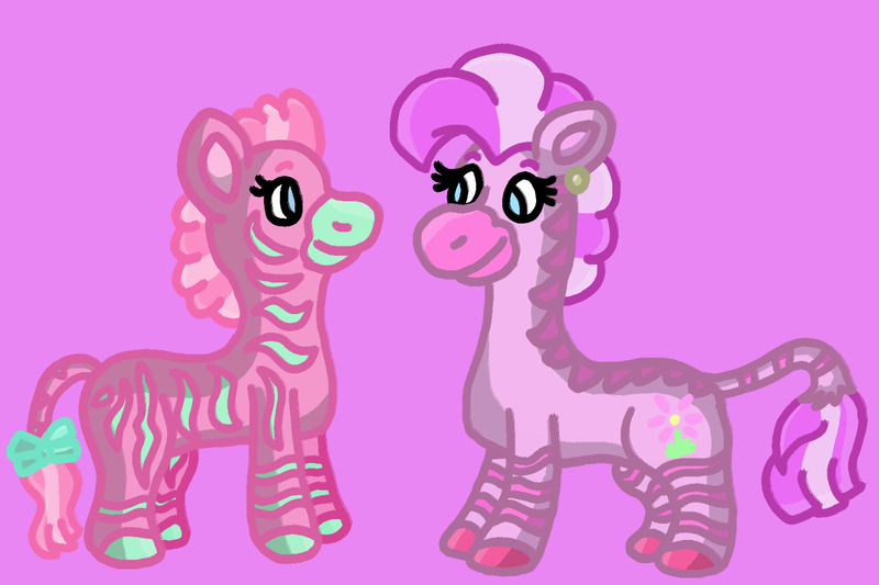 Size: 1500x1000 | Tagged: safe, artist:mintwhistle, derpibooru import, zig zag, oc, oc:fuchsia, zebra, g1, bow, colored hooves, duo, duo female, ear piercing, earring, female, image, jewelry, looking at each other, looking at someone, medibang paint, piercing, pink, pink background, png, pony friends, shading practice, simple background, smiling, smiling at each other, tail, tail bow, zebra oc