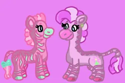 Size: 1500x1000 | Tagged: safe, artist:mintwhistle, derpibooru import, zig zag, oc, oc:fuchsia, zebra, g1, bow, colored hooves, duo, duo female, ear piercing, earring, female, image, jewelry, looking at each other, looking at someone, medibang paint, piercing, pink, pink background, png, pony friends, shading practice, simple background, smiling, smiling at each other, tail, tail bow, zebra oc