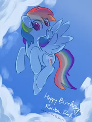 Size: 3072x4096 | Tagged: safe, artist:metaruscarlet, derpibooru import, rainbow dash, pegasus, pony, blue sky, cloud, flying, happy birthday, image, looking at you, open mouth, png, sky, solo, spread wings, wings