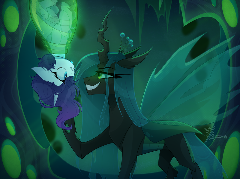 Size: 2400x1785 | Tagged: safe, artist:thewandie, derpibooru import, queen chrysalis, oc, oc:violet, ponified, alicorn, changeling, changeling queen, pony, alicorn oc, bondage, changeling hive, cocoon, commission, crown, duo, duo female, fangs, female, grin, gritted teeth, hive, horn, image, jewelry, looking at each other, looking at someone, mare, necklace, png, ponified oc, raised hoof, regalia, scared, smiling, sweat, tape, teeth, upside down, wings, ych result