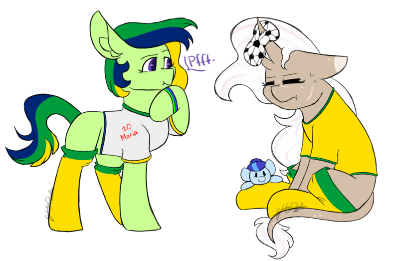 Size: 2219x1451 | Tagged: safe, artist:minty25, derpibooru import, oc, oc:maria potranca, oc:saph quills, oc:valkiria, unofficial characters only, earth pony, pony, unicorn, annoyed, ball, brazil, clothes, commission, deflation, duo, duo female, eyes closed, female, football, horn, horn impalement, image, leonine tail, mare, multicolored hair, multiple horns, plushie, png, scar, shirt, simple background, sitting, socks, sports, t-shirt, tail, transparent background, wristband