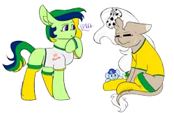 Size: 2219x1451 | Tagged: safe, artist:minty25, derpibooru import, oc, oc:maria potranca, oc:saph quills, oc:valkiria, unofficial characters only, earth pony, pony, unicorn, annoyed, ball, brazil, clothes, commission, deflation, duo, duo female, eyes closed, female, football, horn, horn impalement, image, leonine tail, mare, multicolored hair, multiple horns, plushie, png, scar, shirt, simple background, sitting, socks, sports, t-shirt, tail, transparent background, wristband