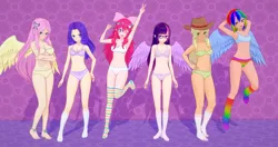 Size: 4096x2160 | Tagged: safe, artist:mtakara, derpibooru import, applejack, fluttershy, pinkie pie, rainbow dash, rarity, twilight sparkle, human, 3d, anime, barefoot, clothes, feet, glasses, humanized, image, koikatsu, mane six, png, socks, underwear, winged humanization, wings