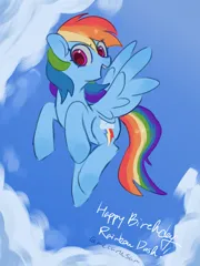 Size: 3072x4096 | Tagged: safe, artist:metaruscarlet, derpibooru import, rainbow dash, pegasus, pony, blue sky, cloud, flying, happy birthday, image, looking at you, open mouth, png, sky, solo, spread wings, wings