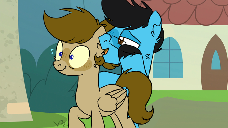 Size: 958x540 | Tagged: safe, artist:fuckomcfuck, derpibooru import, edit, edited screencap, screencap, oc, oc:doodles, oc:joystick, earth pony, pegasus, pony, blushing, glasses, image, png