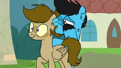 Size: 958x540 | Tagged: safe, artist:fuckomcfuck, derpibooru import, edit, edited screencap, screencap, oc, oc:doodles, oc:joystick, earth pony, pegasus, pony, blushing, glasses, image, png