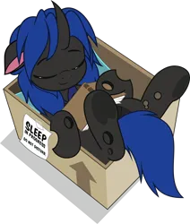 Size: 4240x5000 | Tagged: safe, artist:jhayarr23, derpibooru import, oc, oc:swift dawn, unofficial characters only, changeling, pony, blue changeling, book, box, changeling in a box, changeling oc, commission, cute, frog (hoof), high res, horn, image, lying down, male, note, ocbetes, on back, png, pony in a box, simple background, sleeping, smiling, solo, stallion, tail, tape, transparent background, underhoof, wings, ych result