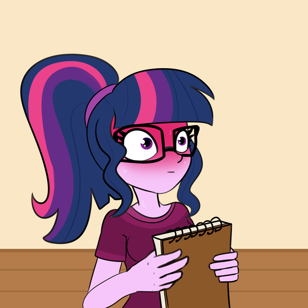 Size: 4500x4500 | Tagged: safe, artist:tjpones, derpibooru import, sci-twi, twilight sparkle, human, equestria girls, absurd resolution, blushing, blushing profusely, explicit source, female, image, nervous sweat, png, ponytail, sketchbook, solo, sweat