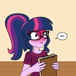 Size: 4500x4500 | Tagged: safe, artist:tjpones, derpibooru import, sci-twi, twilight sparkle, human, equestria girls, absurd resolution, blushing, blushing profusely, dialogue, explicit source, female, image, nervous sweat, png, ponytail, sketchbook, solo, speech bubble, sweat