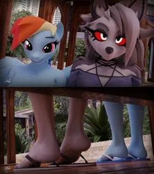 Size: 1821x2048 | Tagged: suggestive, artist:kenaga, derpibooru import, rainbow dash, anthro, hellhound, pegasus, plantigrade anthro, 3d, ankles, building, feet, female, flip-flops, foot focus, heel pop, helluva boss, image, jpeg, looking at you, loona (helluva boss), low angle, not sfm, outdoors, sandals, smiling, smiling at you, soles, toes