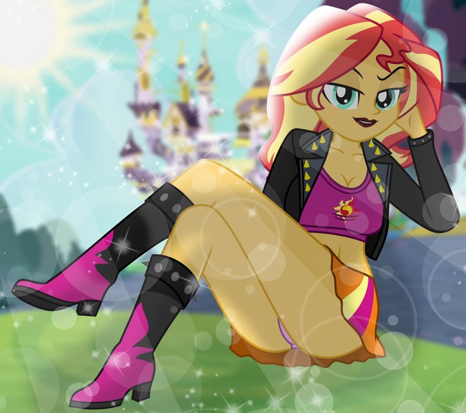Size: 7878x6984 | Tagged: suggestive, artist:emeraldblast63, derpibooru import, sunset shimmer, human, equestria girls, bedroom eyes, belly button, breasts, bunset shimmer, busty sunset shimmer, butt, cleavage, clothes, crossed legs, female, image, lens flare, lipstick, looking at you, midriff, panties, png, sitting, skirt, solo, solo female, underwear, upskirt