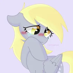 Size: 4000x4000 | Tagged: safe, artist:cattstaycool, derpibooru import, derpy hooves, pegasus, pony, blushing, crying, floppy ears, image, lavender background, png, raised hoof, simple background, smiling, solo, tears of joy, wiping tears