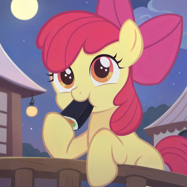 Size: 2560x2560 | Tagged: safe, ai content, derpibooru import, machine learning assisted, apple bloom, earth pony, pony, cloud, eating, female, filly, foal, food, house, image, lamp, moon, night, outdoors, png, setsubun, solo, stars, sushi