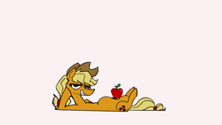Size: 1280x720 | Tagged: safe, artist:yipsy, derpibooru import, applejack, earth pony, pony, animated, apple, belly, bouncing, female, food, grin, image, lidded eyes, loop, lying down, mare, on back, simple background, smiling, solo, webm, white background