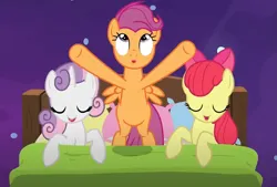 Size: 963x651 | Tagged: safe, derpibooru import, screencap, apple bloom, scootaloo, sweetie belle, pony, growing up is hard to do, bed, being big is all it takes, cropped, cutie mark crusaders, image, older, older apple bloom, older cmc, older scootaloo, older sweetie belle, png, trio