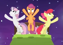 Size: 653x460 | Tagged: safe, derpibooru import, screencap, apple bloom, scootaloo, sweetie belle, pony, growing up is hard to do, bed, being big is all it takes, cropped, cutie mark crusaders, image, older, older apple bloom, older cmc, older scootaloo, older sweetie belle, png, trio