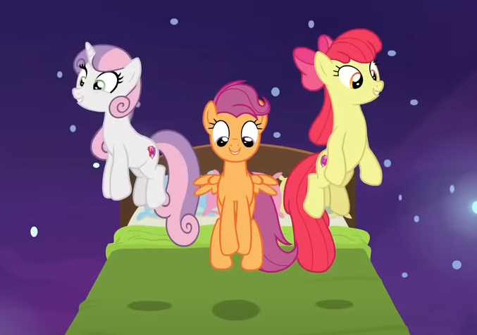 Size: 677x476 | Tagged: safe, derpibooru import, screencap, apple bloom, scootaloo, sweetie belle, pony, growing up is hard to do, bed, being big is all it takes, cropped, cutie mark crusaders, image, older, older apple bloom, older cmc, older scootaloo, older sweetie belle, png, smiling, trio