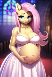 Size: 512x768 | Tagged: suggestive, machine learning generated, novelai, stable diffusion, fluttershy, anthro, bedroom eyes, big breasts, breasts, busty fluttershy, church, clothes, dress, female, hand on belly, hyper, hyper belly, hyper pregnancy, image, impossibly large belly, looking at you, png, pregnant, wedding dress