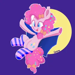 Size: 1000x1000 | Tagged: safe, artist:skylinepony_, derpibooru import, pinkie pie, bat pony, earth pony, pony, belly, bow, cape, chest fluff, clothes, fangs, female, full moon, g4, hair bow, image, mare, moon, open mouth, open smile, png, signature, smiling, socks, solo, striped socks, tail, tail bow