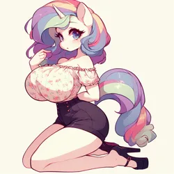 Size: 1024x1024 | Tagged: safe, ai content, derpibooru import, machine learning generated, part of a set, oc, unofficial characters only, anthro, unicorn, adorasexy, arm behind back, bare shoulders, big breasts, breasts, busty oc, clothes, curvy, cute, female, floral print, high heels, horn, hourglass figure, huge breasts, human to anthro, image, implied transformation, implied transgender transformation, kneeling, looking at you, part of a series, png, pointing at self, pose, posing for photo, prompter:horselover fat, sexy, shirt, shoes, shorts, shoulderless, simple background, solo, strapless, unicorn oc, white background