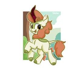 Size: 1000x1000 | Tagged: safe, artist:skylinepony_, derpibooru import, autumn blaze, kirin, cloud, cloven hooves, female, g4, horn, image, leg fluff, looking back, open mouth, open smile, outdoors, passepartout, png, signature, smiling, solo, tail