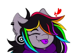 Size: 500x363 | Tagged: safe, artist:woofpoods, derpibooru import, oc, oc:strobestress, pony, unicorn, advertisement in description, clothes, ear piercing, emoji, eyelashes, eyes closed, gauges, heart, hoodie, image, jewelry, multicolored hair, piercing, png, rainbow hair, simple background, tongue out, tongue piercing, transparent background