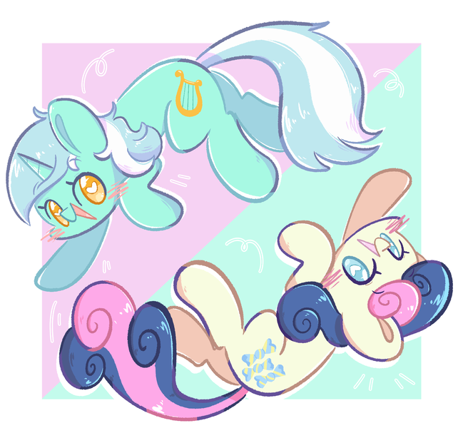Size: 1643x1519 | Tagged: safe, artist:typhwosion, derpibooru import, bon bon, lyra heartstrings, sweetie drops, earth pony, pony, unicorn, blushing, duo, februpony, female, g4, happy, heart, heart eyes, image, lesbian, lyrabon, mare, open mouth, open smile, png, shipping, simple background, smiling, wingding eyes