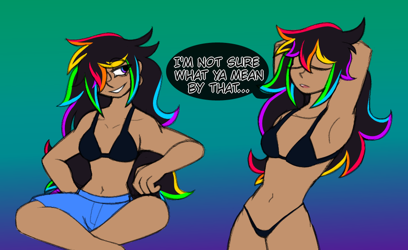 Size: 1000x612 | Tagged: suggestive, artist:woofpoods, derpibooru import, oc, oc:strobestress, human, belly button, bikini, black bikini, breasts, clothes, female, gradient background, humanized, image, multicolored hair, png, ponysona, rainbow hair, relaxed, shorts, smug, solo, solo female, stretching, swimsuit, tan skin, tomboy