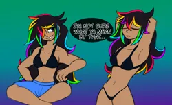 Size: 1000x612 | Tagged: suggestive, artist:woofpoods, derpibooru import, oc, oc:strobestress, human, belly button, bikini, black bikini, breasts, clothes, female, gradient background, humanized, image, multicolored hair, png, ponysona, rainbow hair, relaxed, shorts, smug, solo, solo female, stretching, swimsuit, tan skin, tomboy
