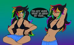 Size: 1000x612 | Tagged: suggestive, artist:woofpoods, derpibooru import, oc, oc:strobestress, human, belly button, bikini, bikini top, clothes, female, gradient background, humanized, image, multicolored hair, png, rainbow hair, shorts, smug, solo, stretching, swimsuit, tan skin